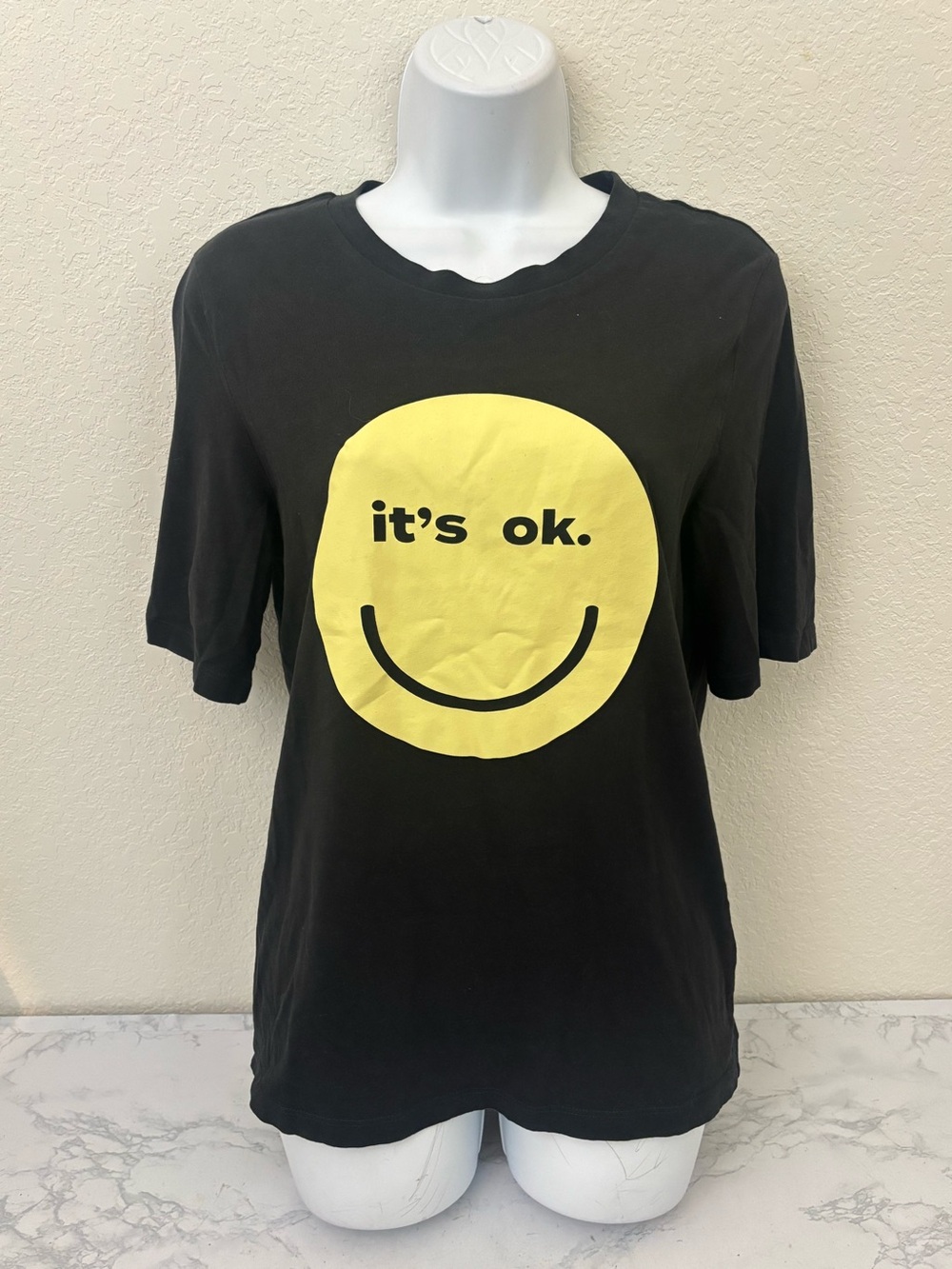 H & M T Shirt Black "It’s Ok" Size S Yellow Smiley Face Pullover Short Sleeve